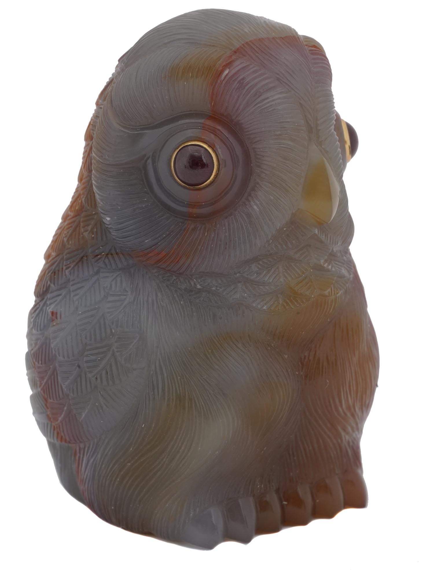 RUSSIAN CARVED AGATE OWL FIGURINE WITH RUBY EYES PIC-0